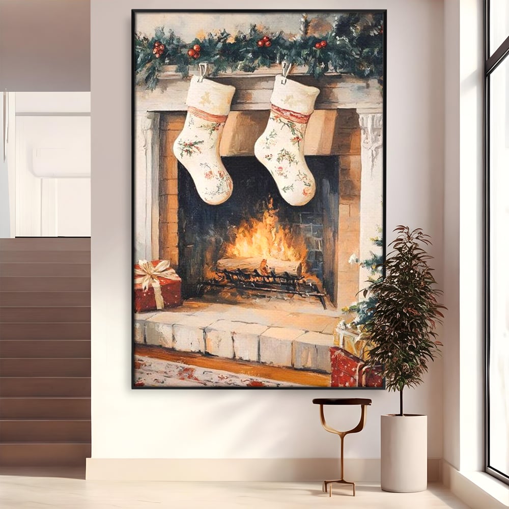 Tablou canvas cu tablou canvas cu ciorapi pe semineu, in rama de aluminiu negru